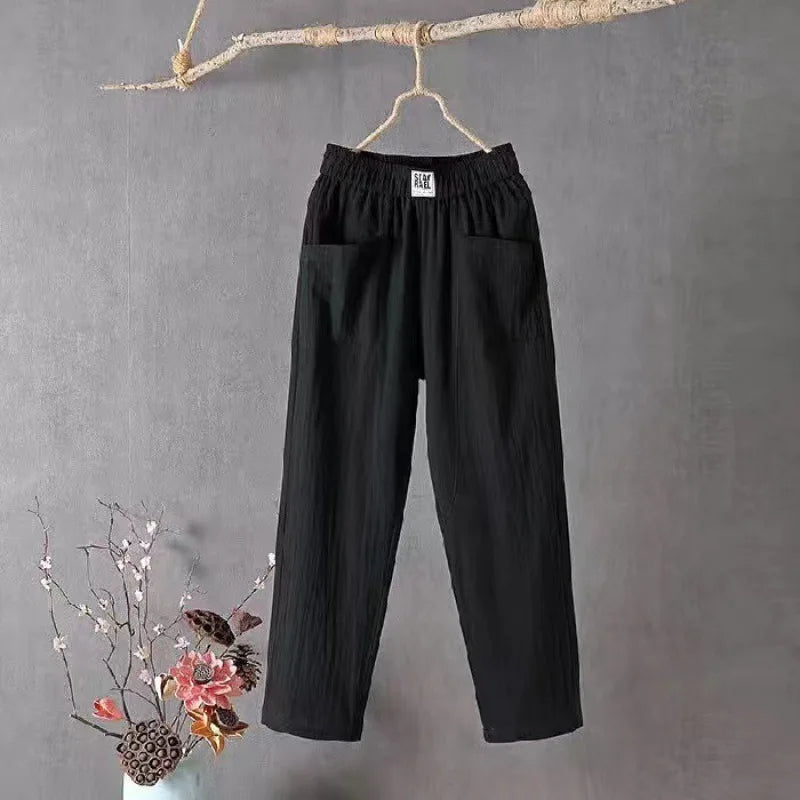Damen Leinenhose Weites Bein Elastischer Bund Hoher Taille Mehrfarbig