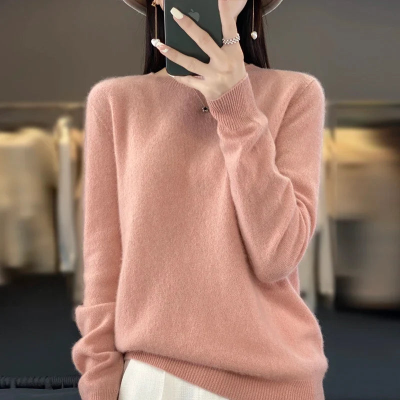 Damen Pullover Rundhals Langarm Strickpullover Weich Unifarben