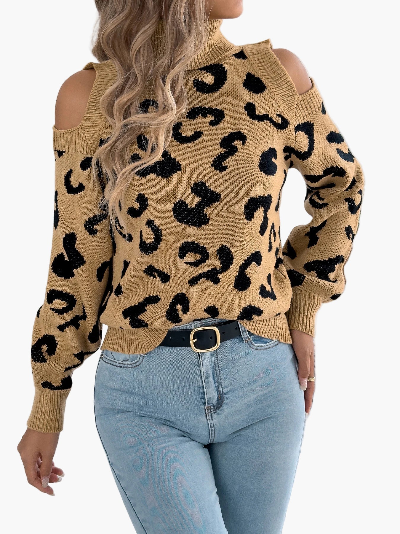 Damen Pullover mit Schulterfrei und Leopardenmuster – Modischer Strickpullover für Freizeit und Alltag