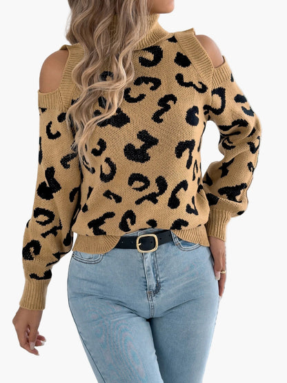 Damen Pullover mit Schulterfrei und Leopardenmuster – Modischer Strickpullover für Freizeit und Alltag