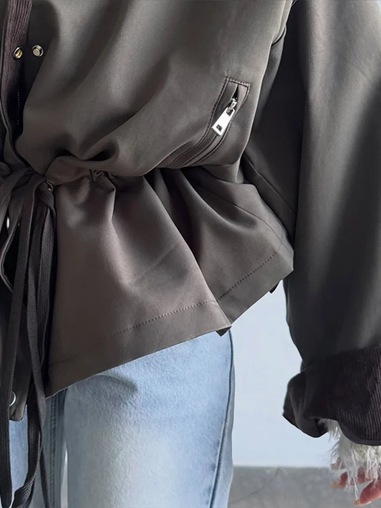 Damen Oversize Jacke mit Kordelzug Trenchcoat Style Khaki