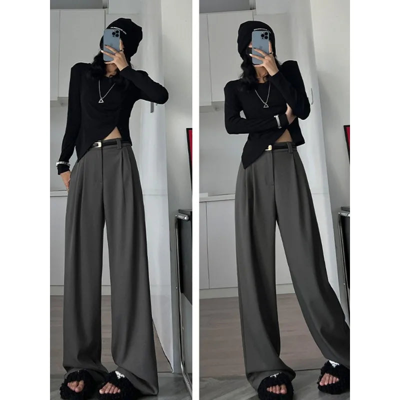 Damen Weite Hose Grau Hochtailliert Plissee