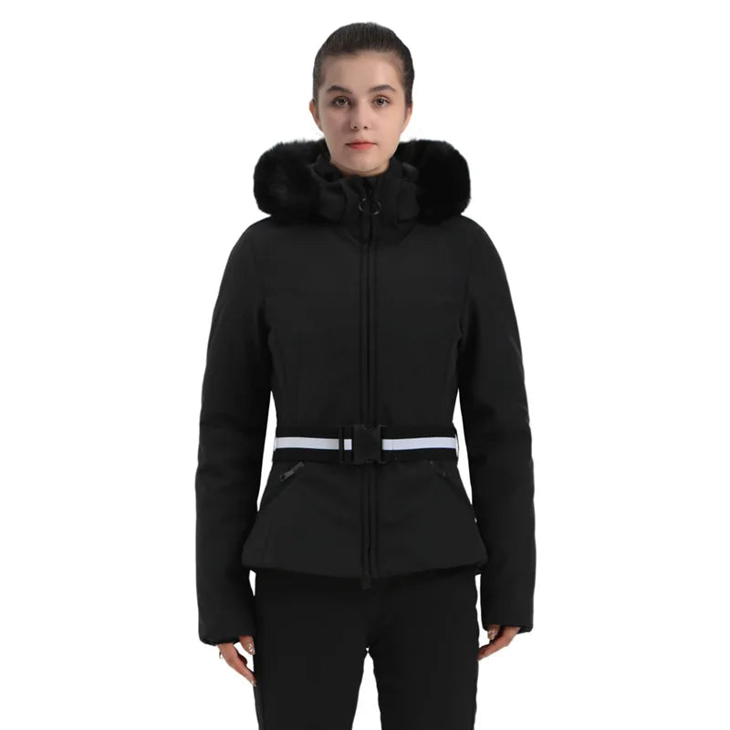 Damen Skijacke mit Kunstfellkapuze & Gürtel, Schwarz-Beige Hahnentritt