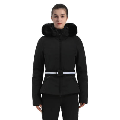 Damen Skijacke mit Kunstfellkapuze & Gürtel, Schwarz-Beige Hahnentritt