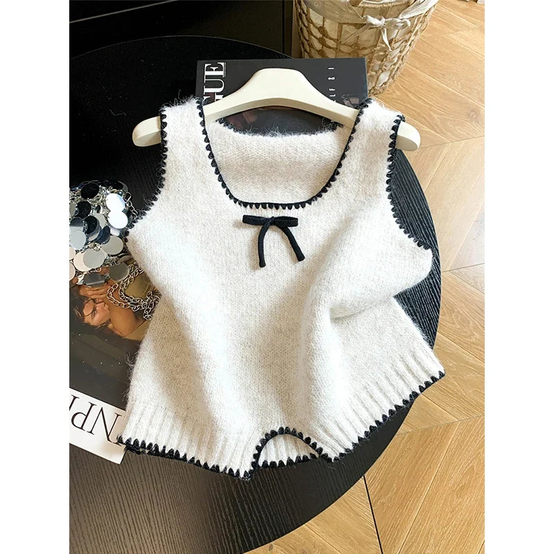 Gestricktes Crop Top Damen Ärmellos mit Schleife und Wellenkante