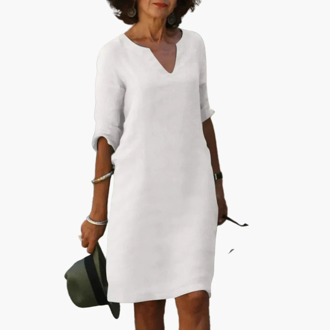 Damen Kleid mit V-Ausschnitt und 3/4-Ärmeln – Eleganter Freizeit- und Büro-Look