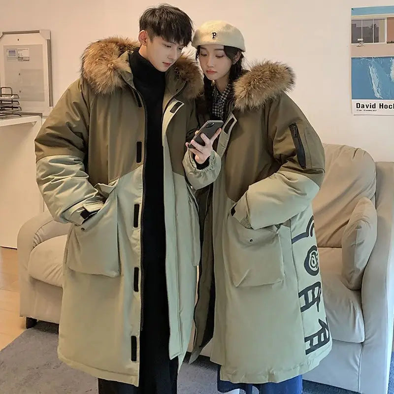 Unisex Winterparka mit Kapuze und Fellimitatbesatz – Zweifarbig, Langer Schnitt