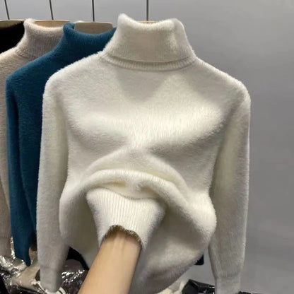 Damen Rollkragenpullover Plüsch Langarm Strickpullover Fluffy Winterpullover