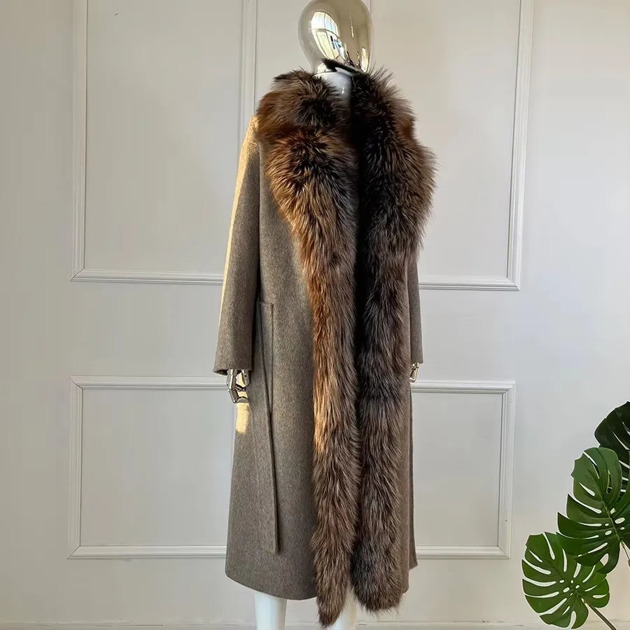 Damen Langer Mantel mit Pelzkragen Grau Beige