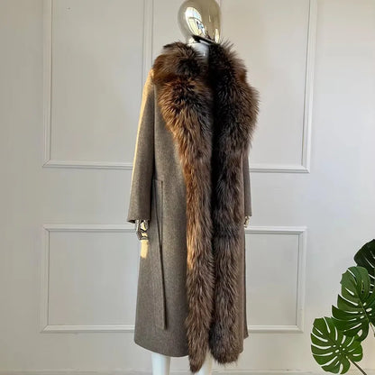 Damen Langer Mantel mit Pelzkragen Grau Beige