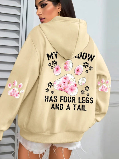 Damen Hoodie mit Kapuze und Blumen Pfotenabdruck Print