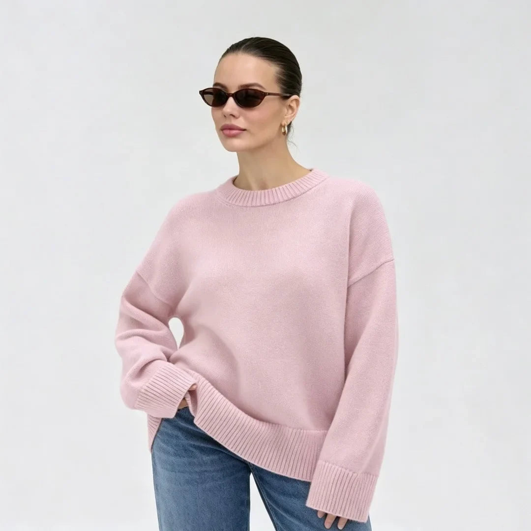 Damen Oversize Rundhals Pullover Langarm Basic Strickpullover