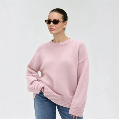 Damen Oversize Rundhals Pullover Langarm Basic Strickpullover
