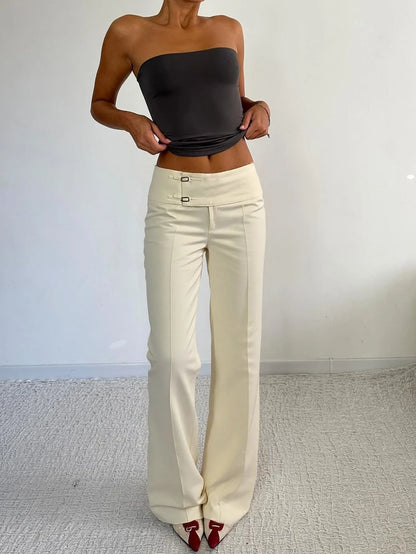 Damen Hose Hellbeige mit weitem Bein und Hakenverschluss