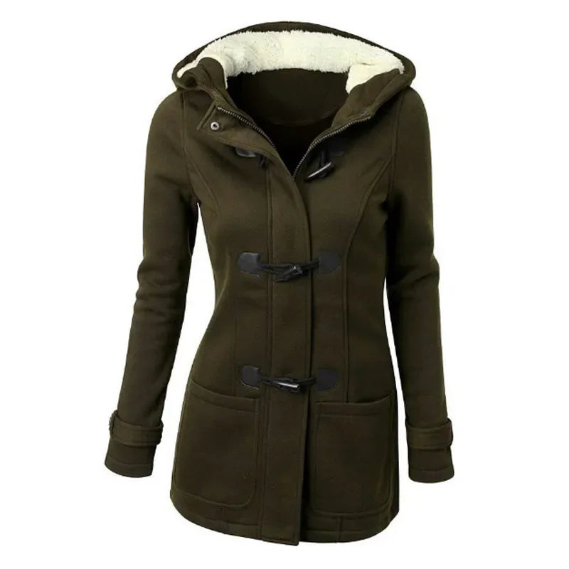 Damen Dufflecoat Jacke mit Kapuze und Knebelverschlüssen, warm gefüttert
