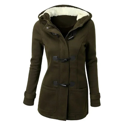Damen Dufflecoat Jacke mit Kapuze und Knebelverschlüssen, warm gefüttert