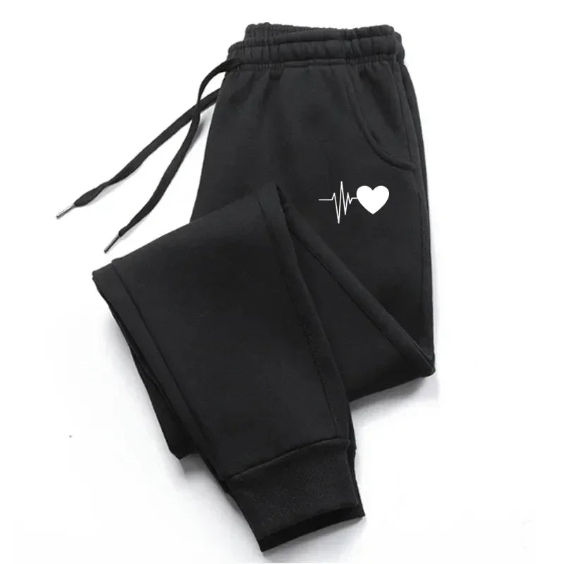 Unisex Jogginghose mit Herzschlag-Print, Kordelzug und Bündchen, Grau Melange