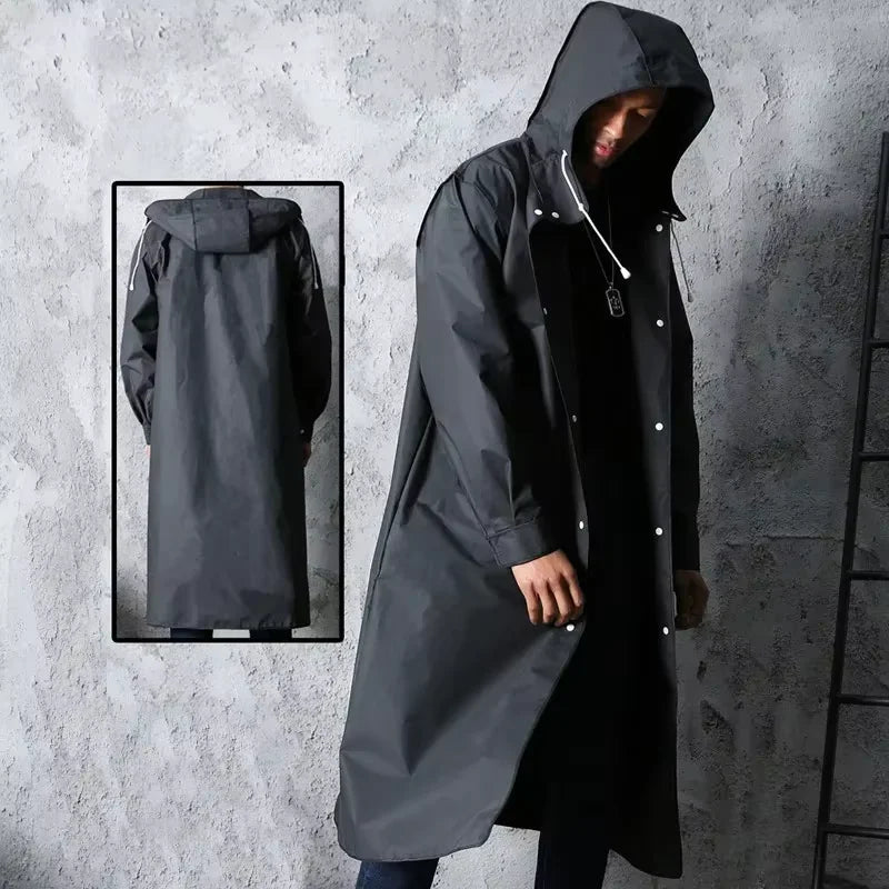 Unisex Regenmantel Lang Schwarz mit Kapuze Druckknöpfen