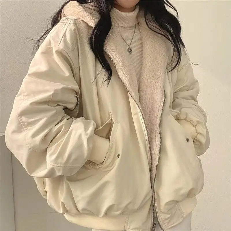 Damen Bomberjacke Wendejacke mit Kapuze Teddyfutter