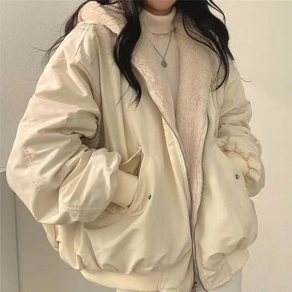 Damen Bomberjacke Wendejacke mit Kapuze Teddyfutter