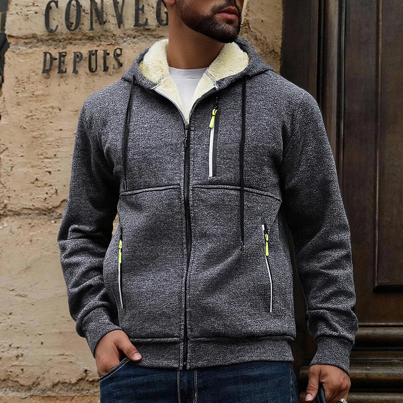 Herren Kapuzenjacke mit Reißverschluss, warmes Fleecefutter, Schwarz