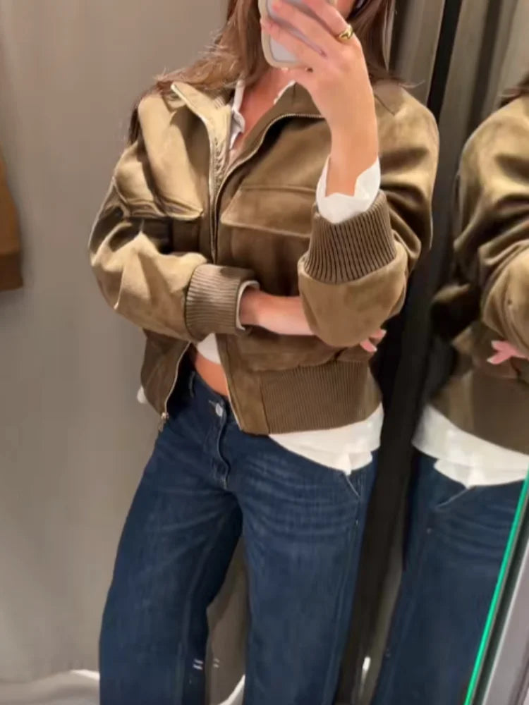 Damen Bomberjacke aus Wildleder-Optik mit Stehkragen und Taschen