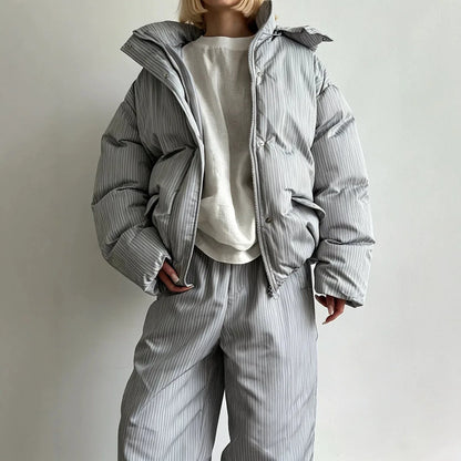 Gepolsterte Pufferjacke mit Kapuze für Damen, gestreift, Oversize-Passform