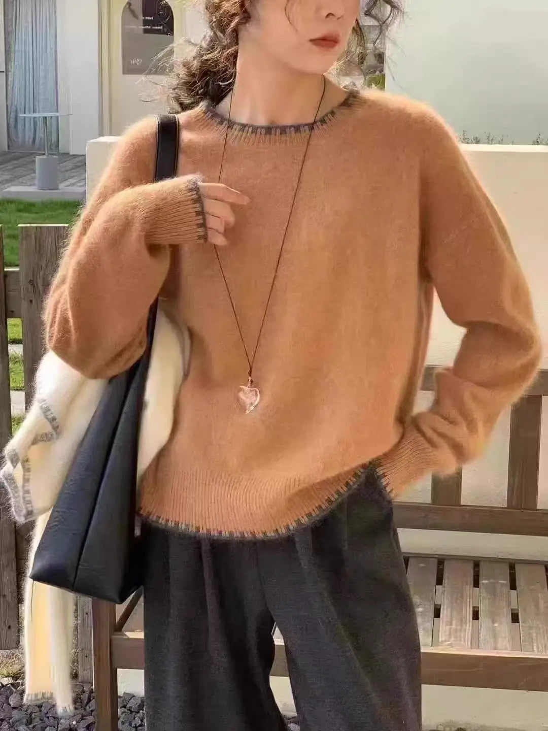 Damen Pullover Rundhals Langarm Strickpullover Weicher Stoff