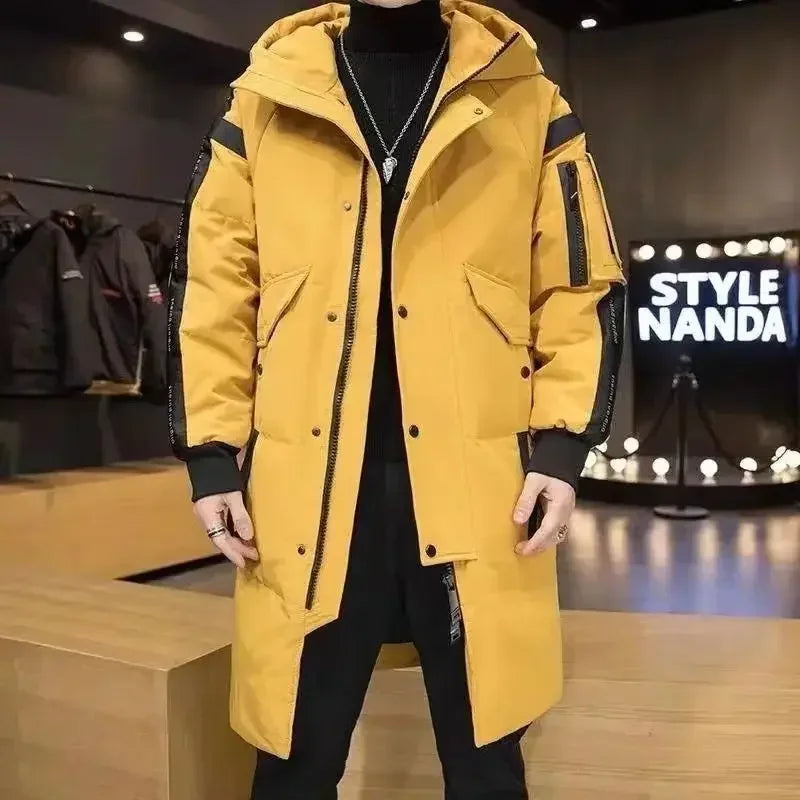 Herren Winter Steppmantel Lang mit Kapuze und Reißverschluss