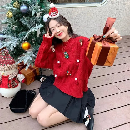 Damen Weihnachtspullover mit Zopfmuster & festlichen Applikationen – Weihnachten Strickpullover