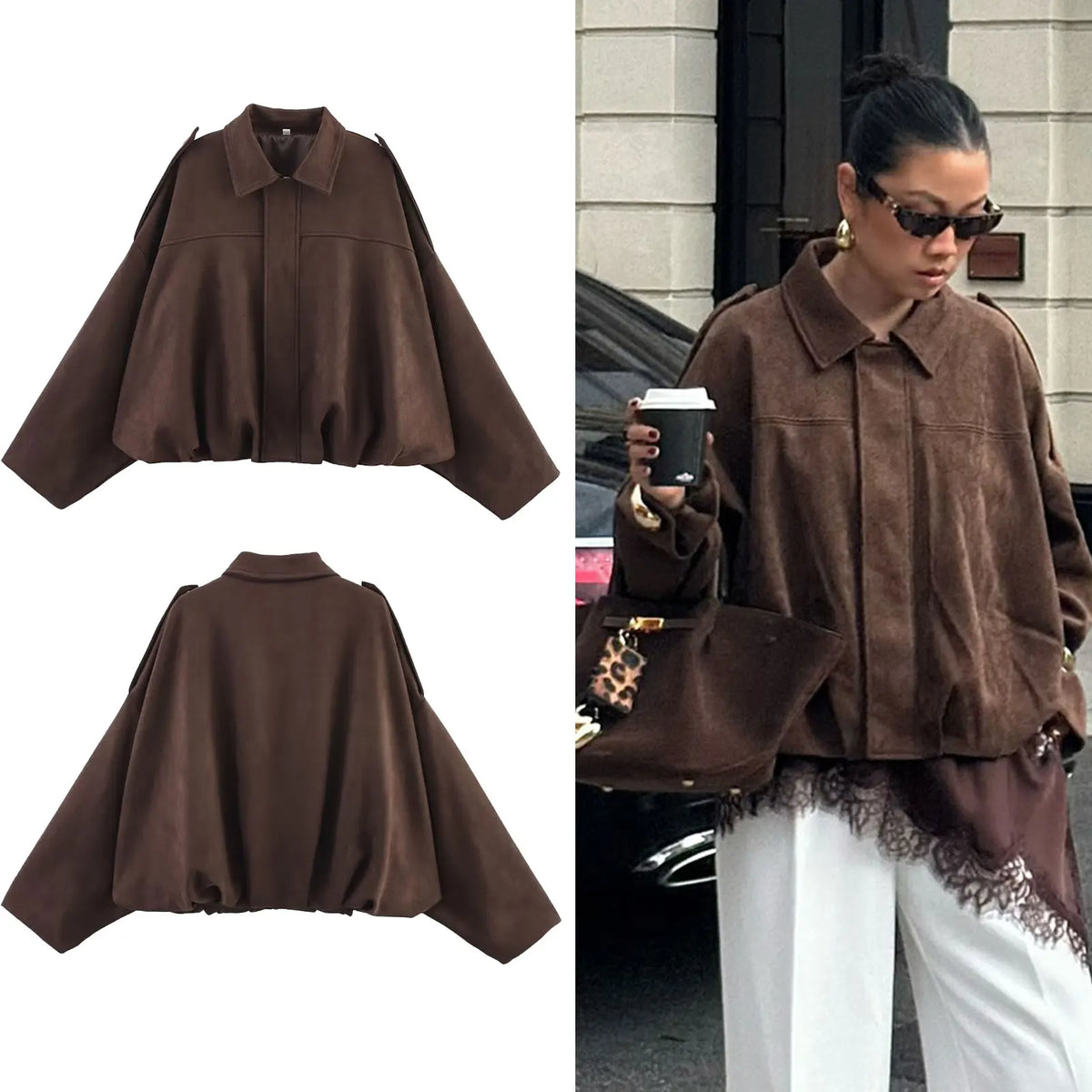 Damen Kurzjacke Oversize Cropped mit Kragen Braun