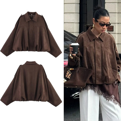 Damen Kurzjacke Oversize Cropped mit Kragen Braun