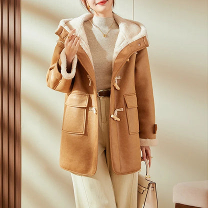 Damen Dufflecoat mit Kapuze und Plüschfutter, Karamellbraun