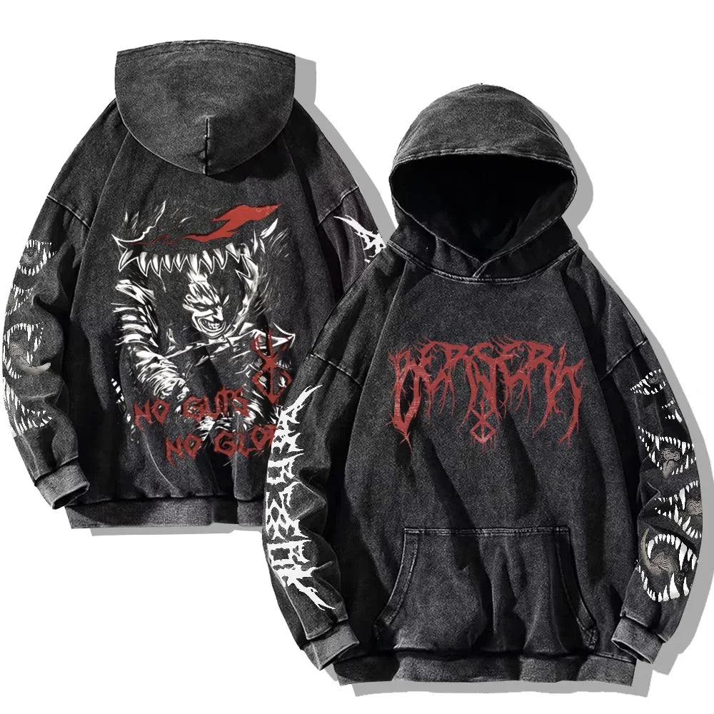Oversized Kapuzenpullover Dunkelgrau mit Front- und Rückenprint und Ärmelprints