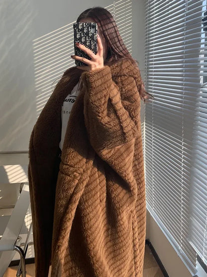 Damen Teddy-Fleece Mantel mit Kapuze, lang, braun, kuschelig
