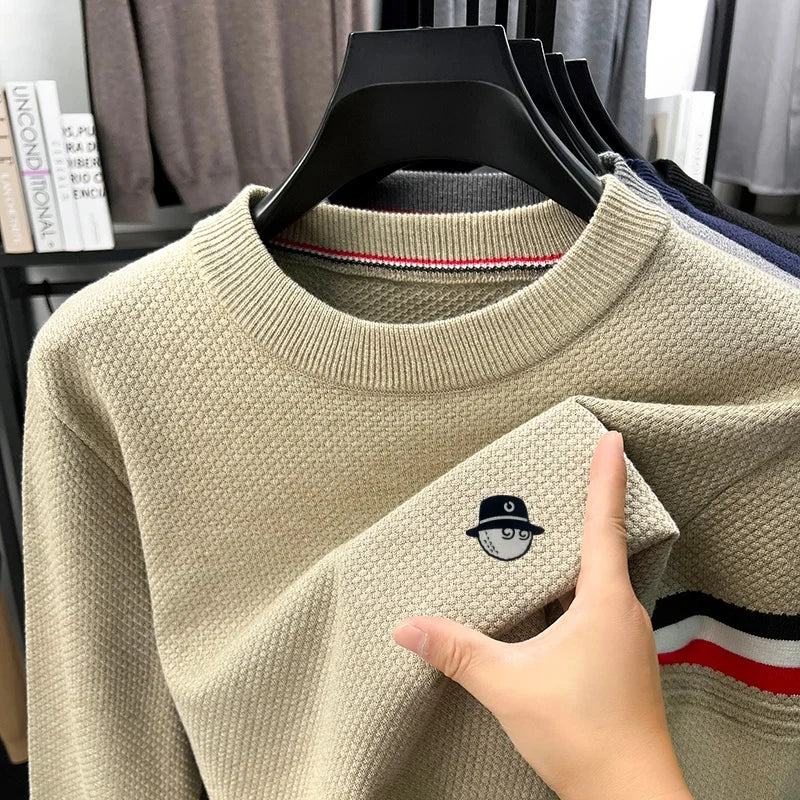 Herren Pullover Rundhals Langarm Strickpullover mit Textur und Streifen