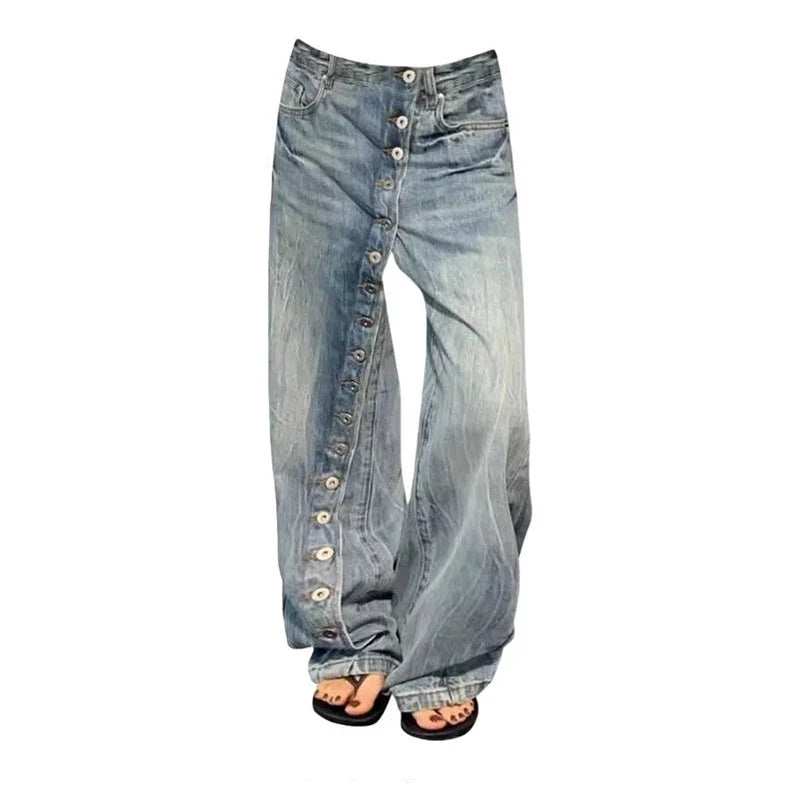 Jeans Damen Weite Beine Hoher Bund Knopfleiste Blau Weit Geschnitten