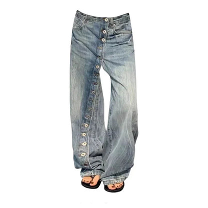 Jeans Damen Weite Beine Hoher Bund Knopfleiste Blau Weit Geschnitten