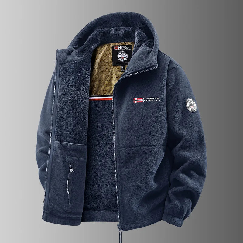 Herren Fleecejacke mit Kapuze und Plüschfutter, durchgehendem Reißverschluss