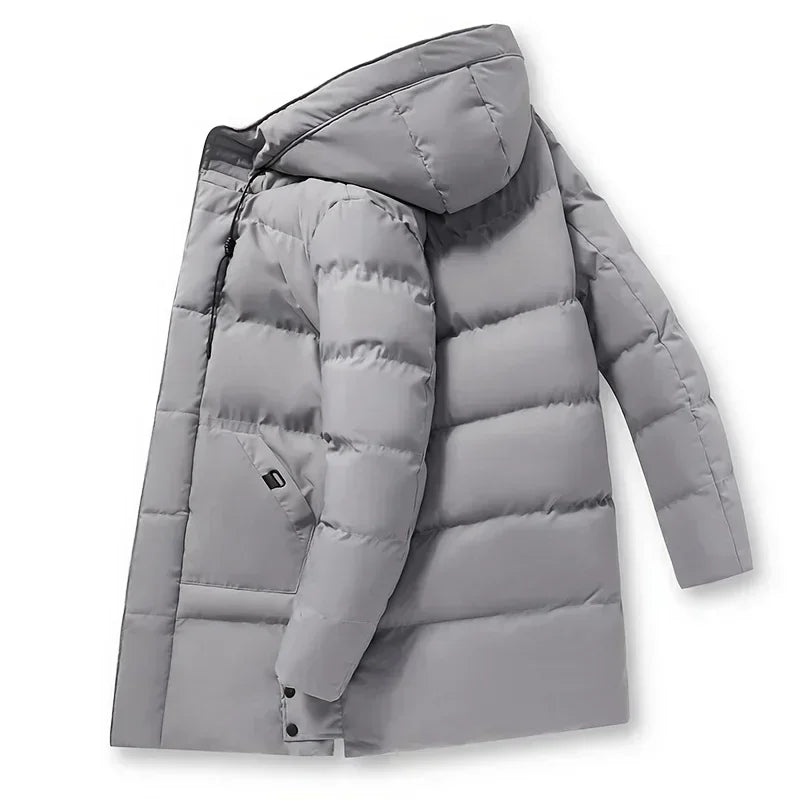 Herren Winter Steppmantel Lang mit Kapuze und Reißverschluss, Grau