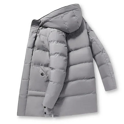 Herren Winter Steppmantel Lang mit Kapuze und Reißverschluss, Grau