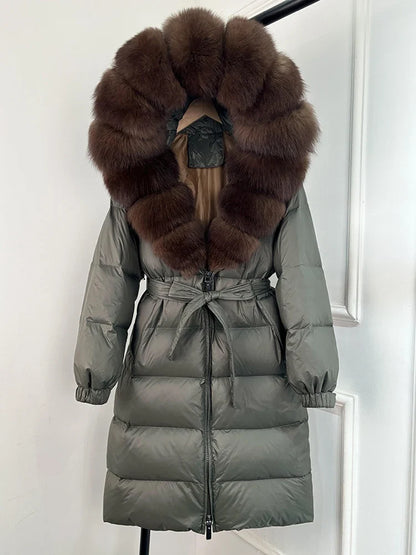Damen Daunenmantel Schwarz mit Echtfellkragen und Bindegürtel Langer Winterparka
