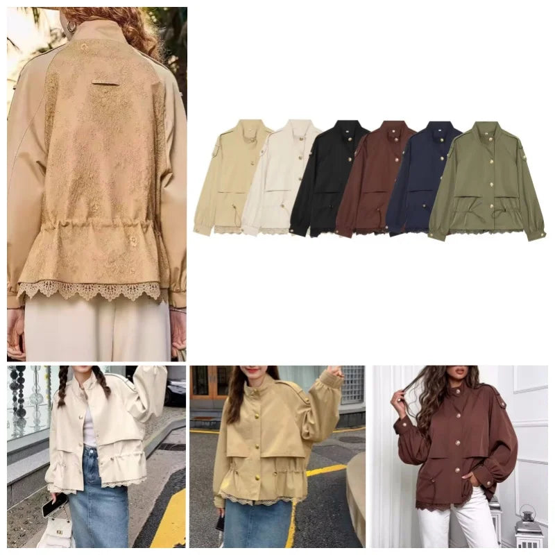 Damen Jacke mit Stehkragen, Schnürzug und Häkelspitze, Verschiedene Farben