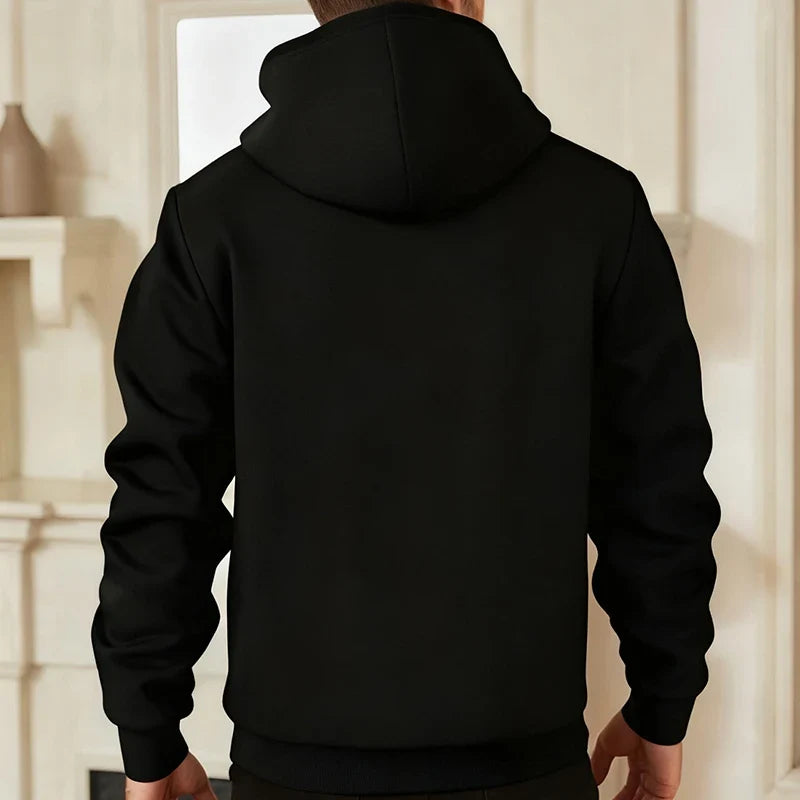 Herren Kapuzenjacke mit Reißverschluss, warmes Fleecefutter, Schwarz