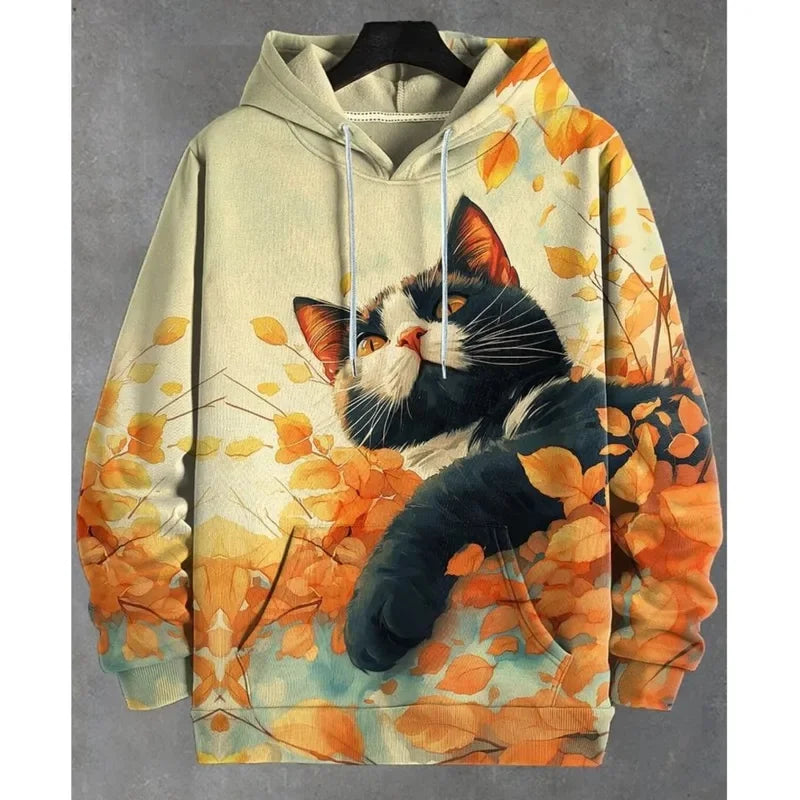 Hoodie mit Katzen-Print Kampfkunst-Motiv Beige Unisex Kapuzenpullover Kängurutasche