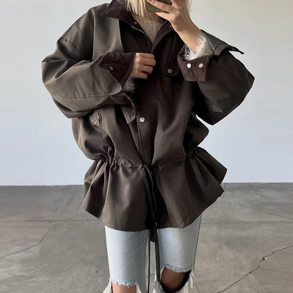 Damen Oversize Jacke mit Kordelzug Trenchcoat Style Khaki