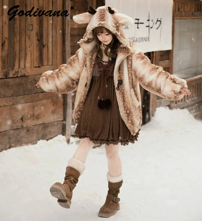 Hirsch Winterjacke Damen Teddyfell Gefleckt mit Kapuze