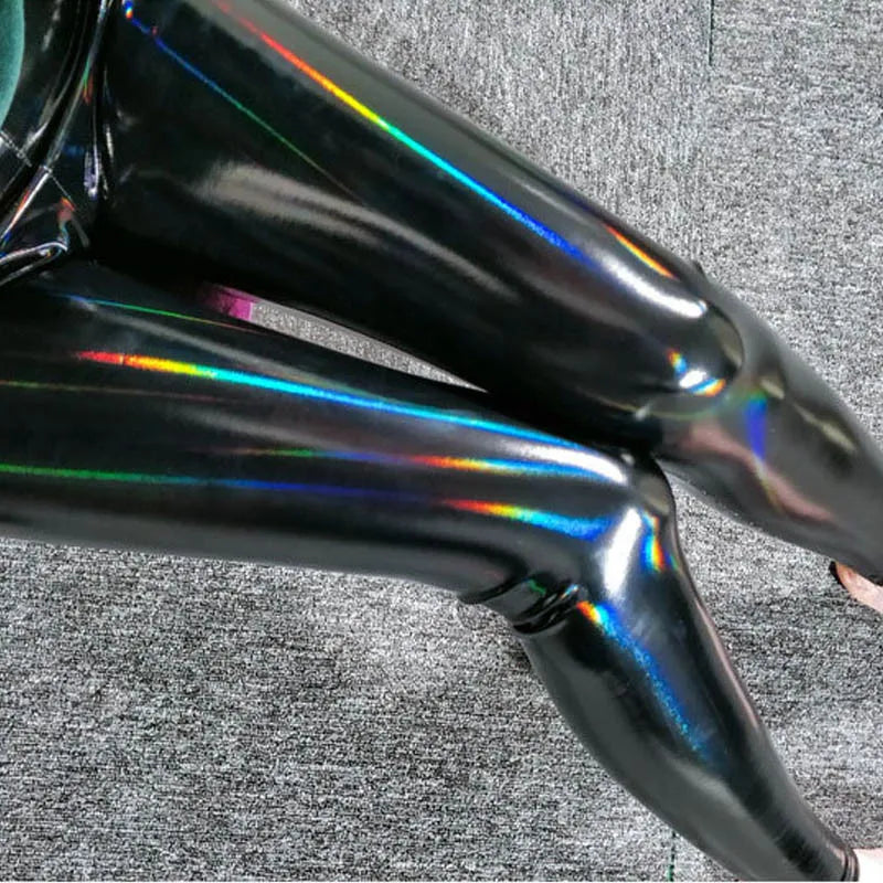 Holographische Leggings für Damen Schwarz Glänzend Bunt Reflektierend