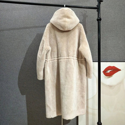Damen Kapuzenmantel Flauschig Beige Lang Teddyfell-Optik