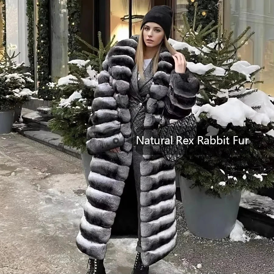 Damen Mantel Lang Pelzoptik Gestreift Grau Schwarz Winter Elegant